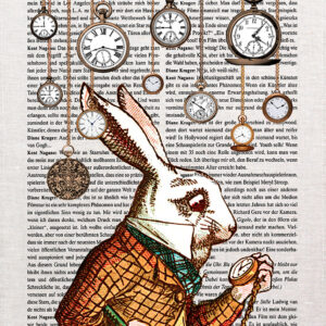Alice In wonderland Tea towel white rabbit with hanging watches