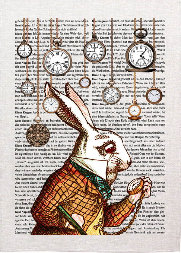 Alice In wonderland Tea towel white rabbit with hanging watches