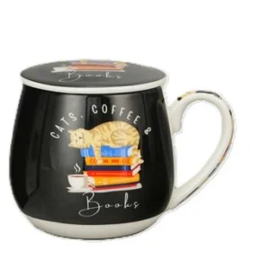 3 Piece Tea Infuser Mug Adorable Cat Resting on Books