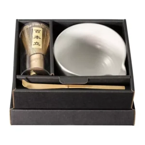 Omotenashi White Kabuto Spout Matcha Bowl with Whisk Set